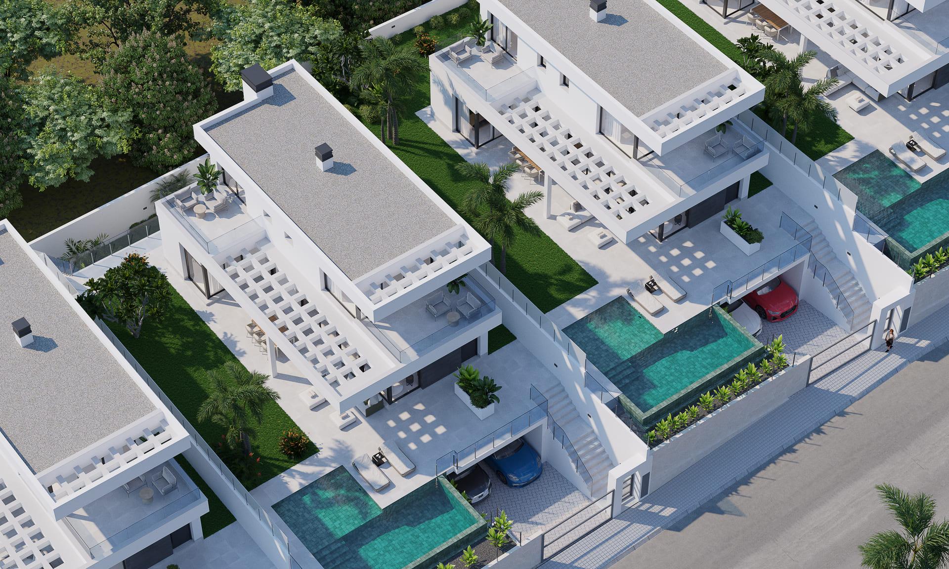 Rear exterior of new-build villa showing plot and outdoor area, Finestrat Hills