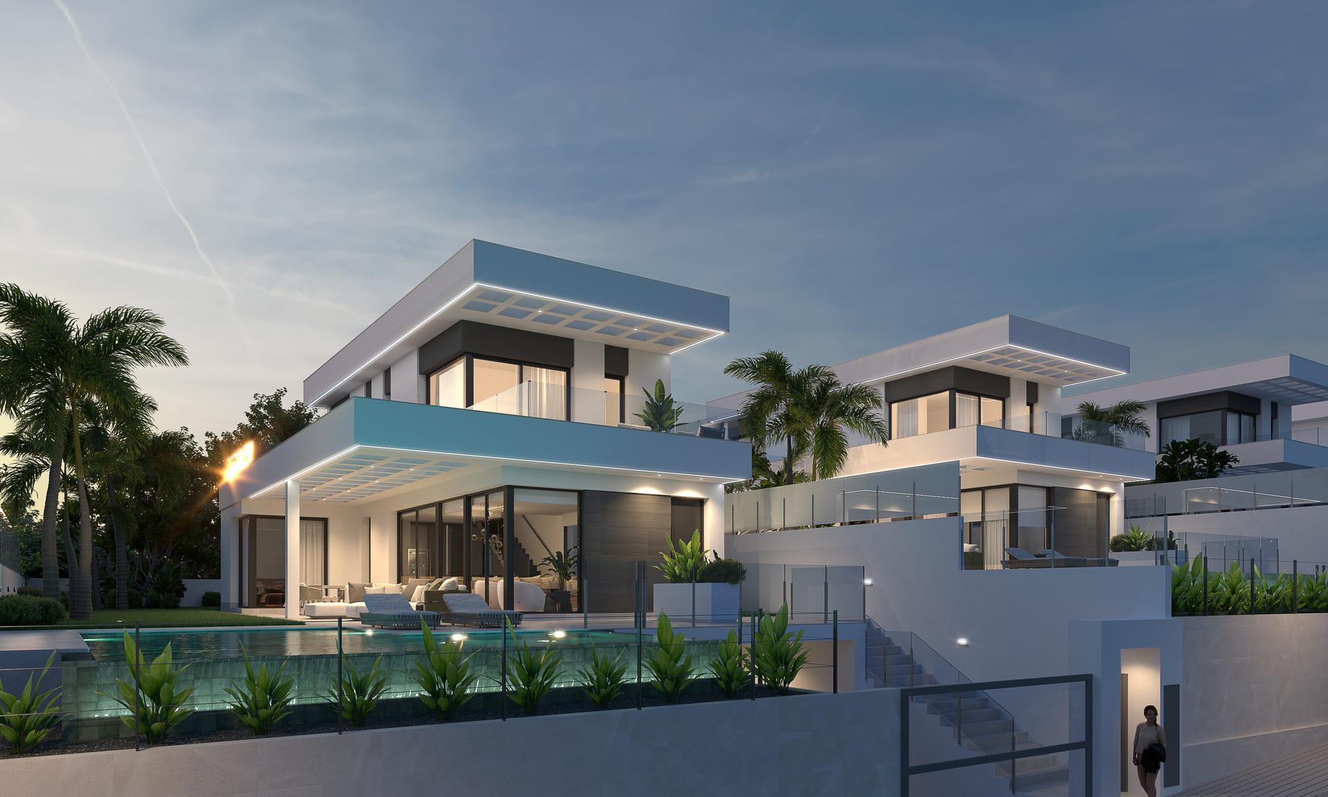 Open-plan living area in 3-bedroom new-build villa, Finestrat Hills