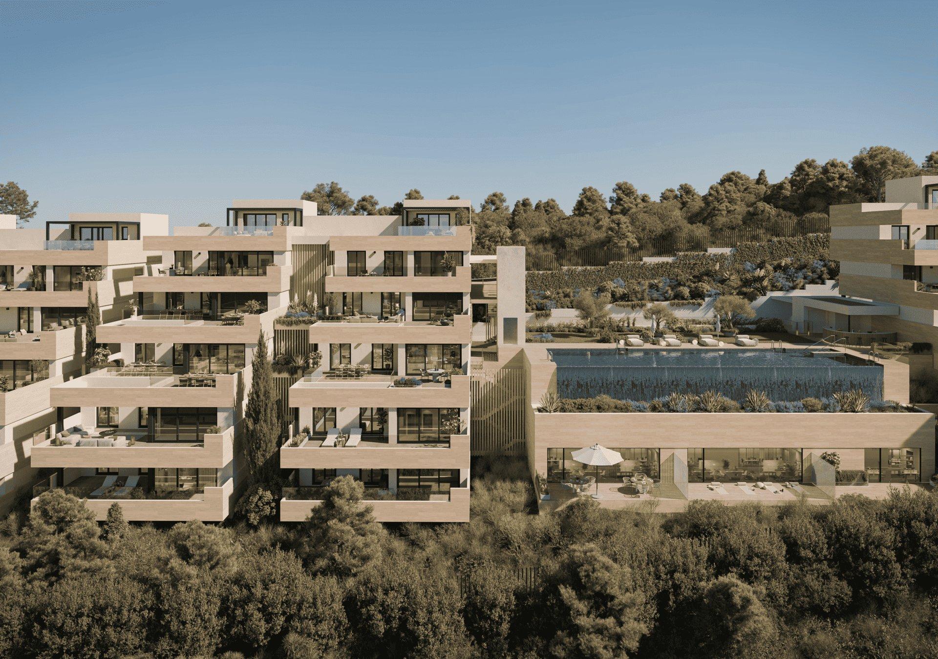 Communal pool area within new-build development, Alto de los Monteros