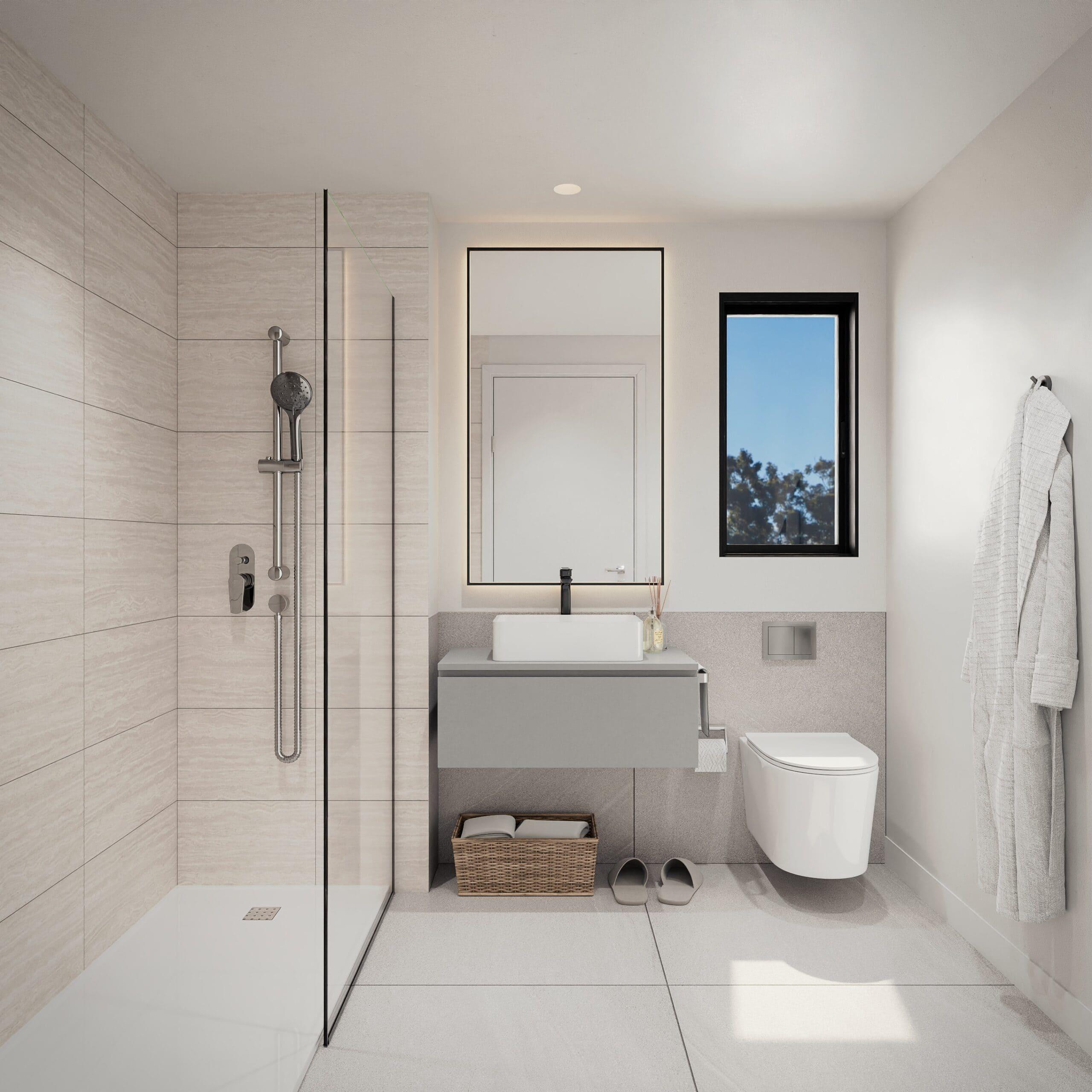 Bathroom with modern fittings in new-build apartment, Alto de los Monteros