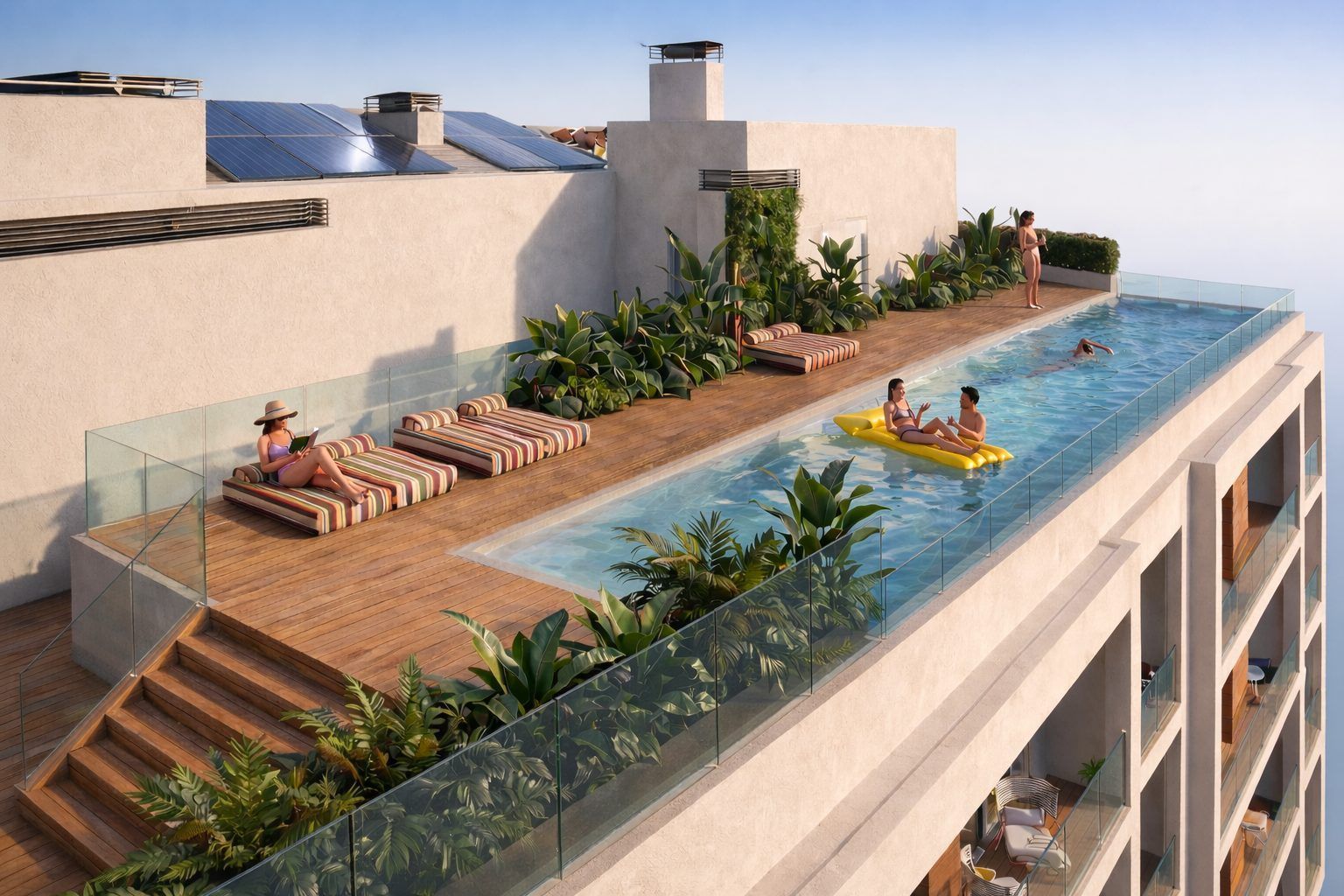 Development overview showing building and communal pool, Los Cuarteros