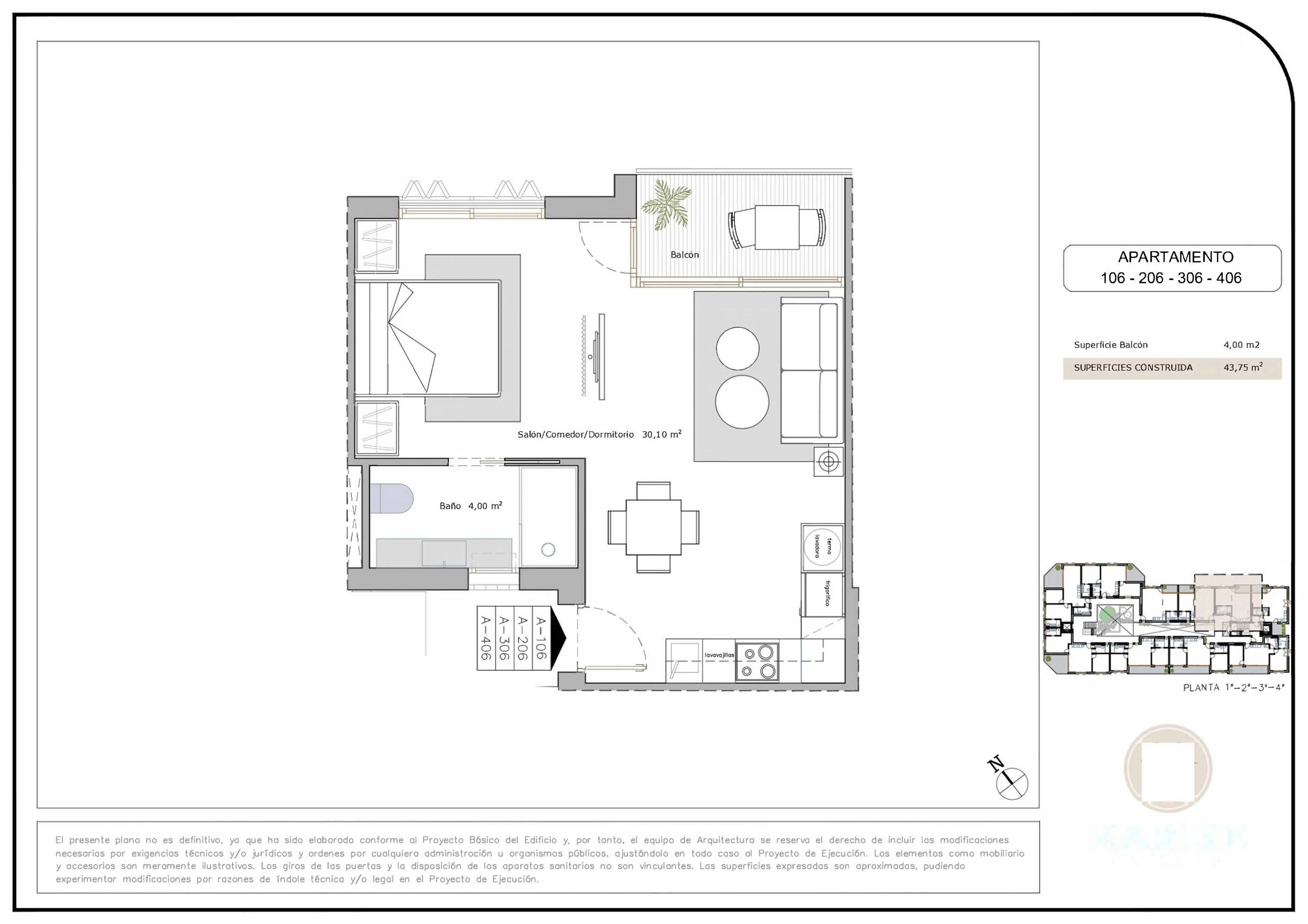 Floor plan of 1-bedroom penthouse on 4th floor, Los Cuarteros, San Pedro Del Pinatar