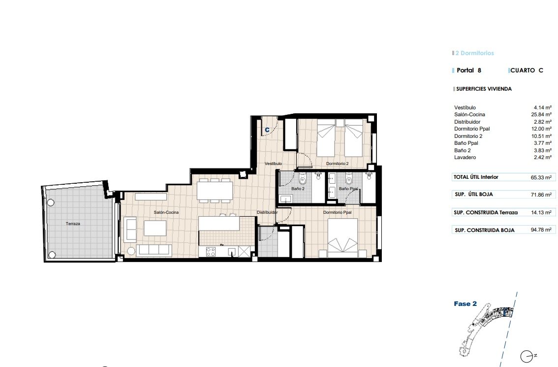 Floor plan of 2-bedroom penthouse on fourth floor, Chullera, Manilva