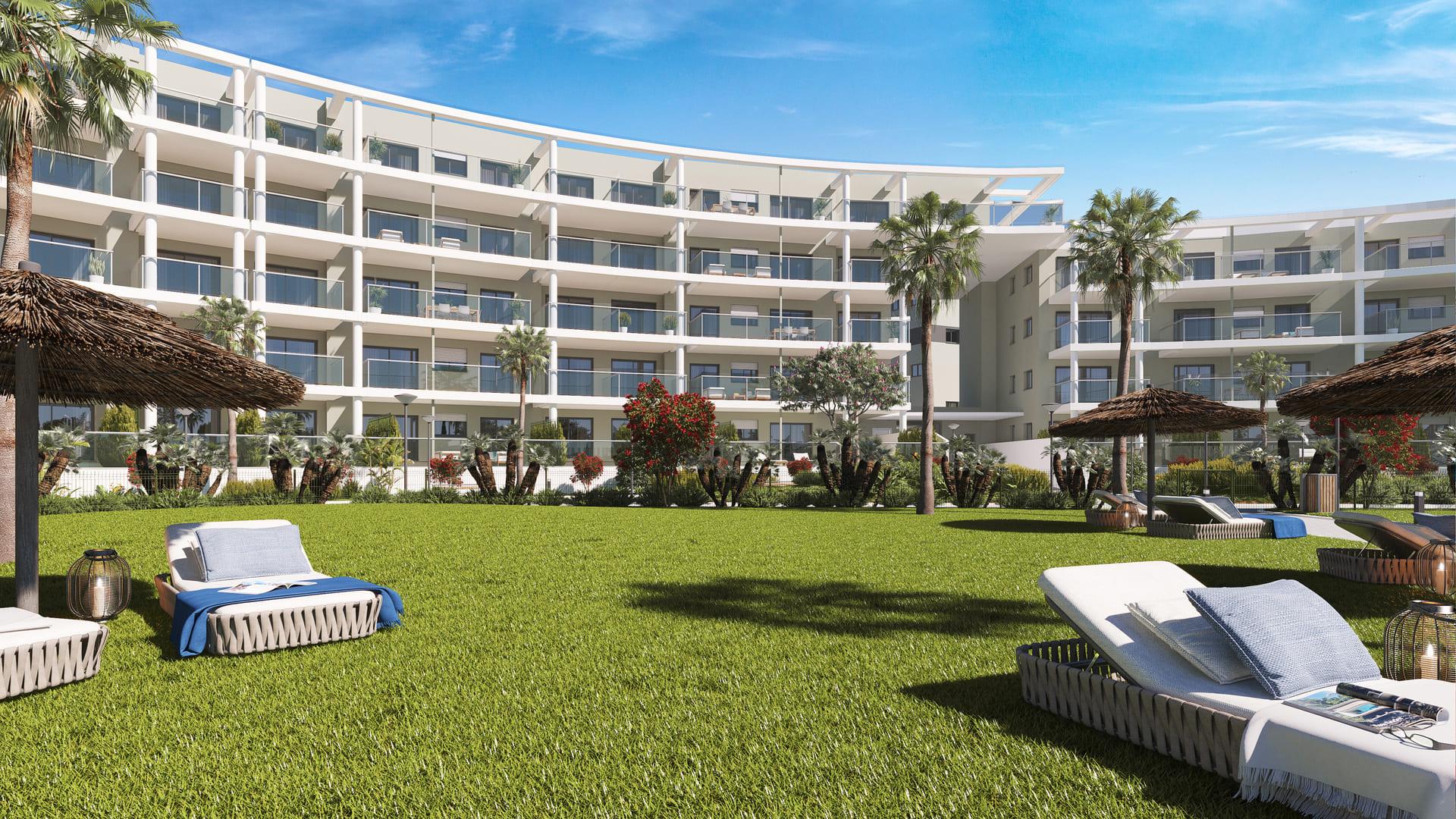 Development facade showing first floor apartment position, Chullera, Manilva