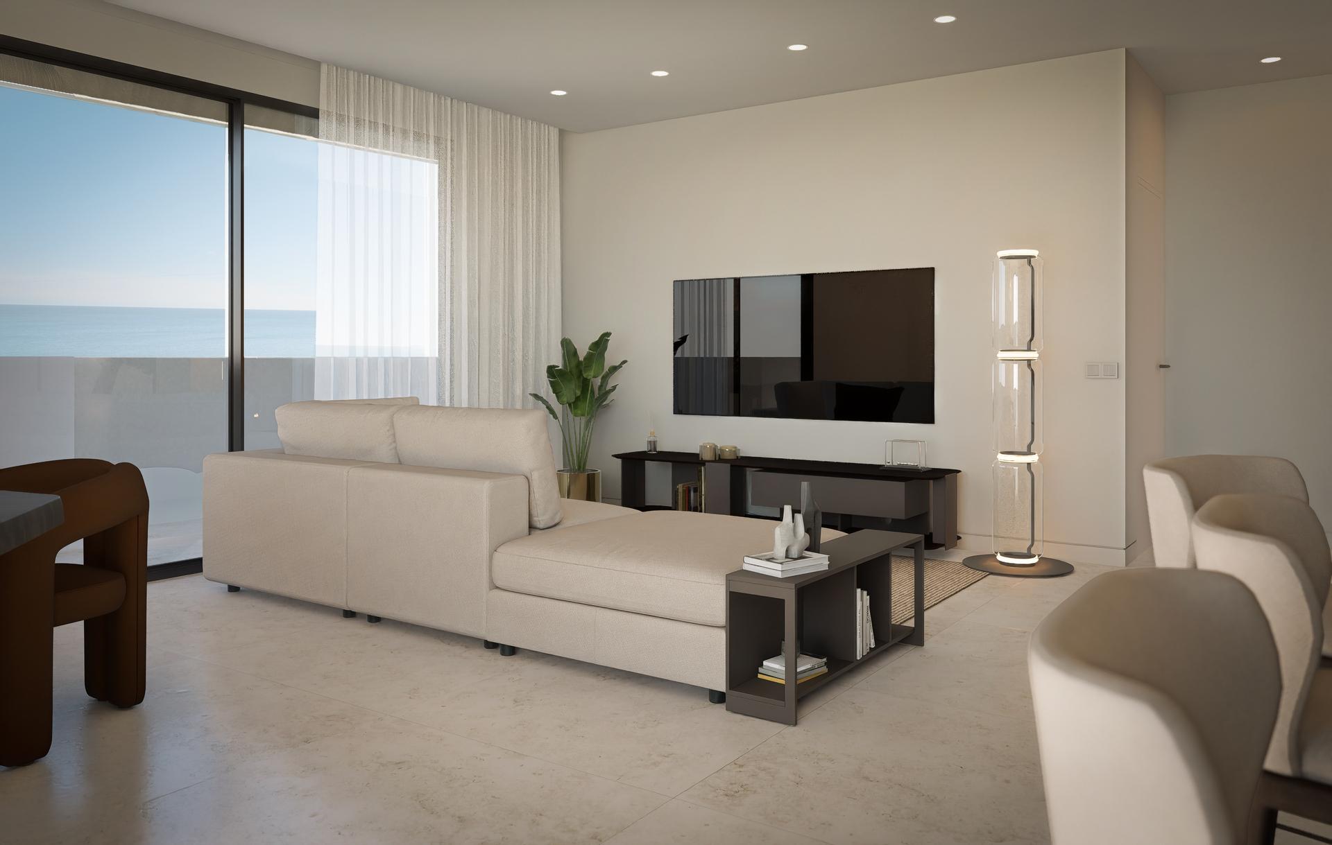 Living-dining room with large windows to the terrace