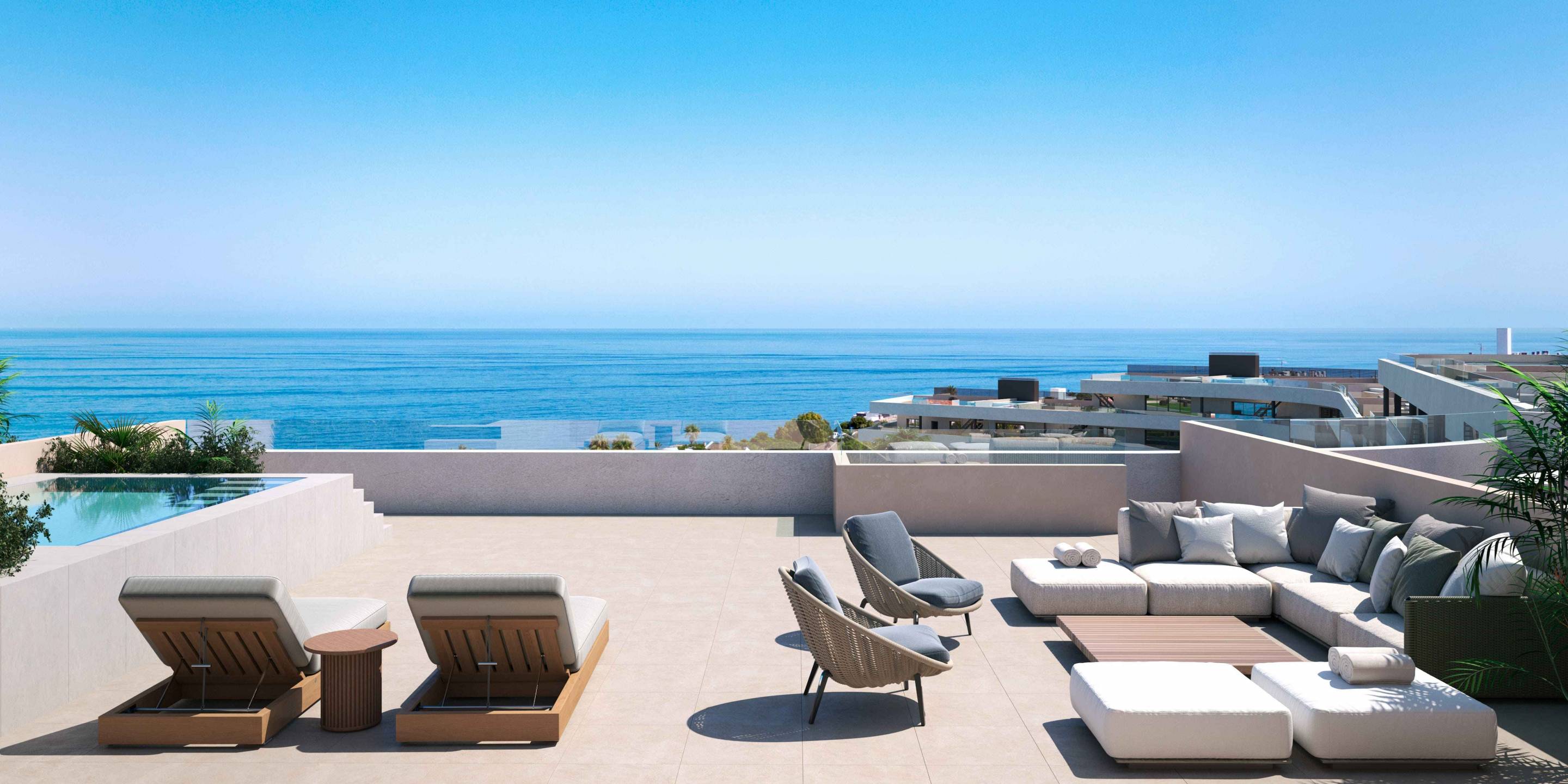 Communal pool area of new-build development, Bahia de las Rocas, Manilva