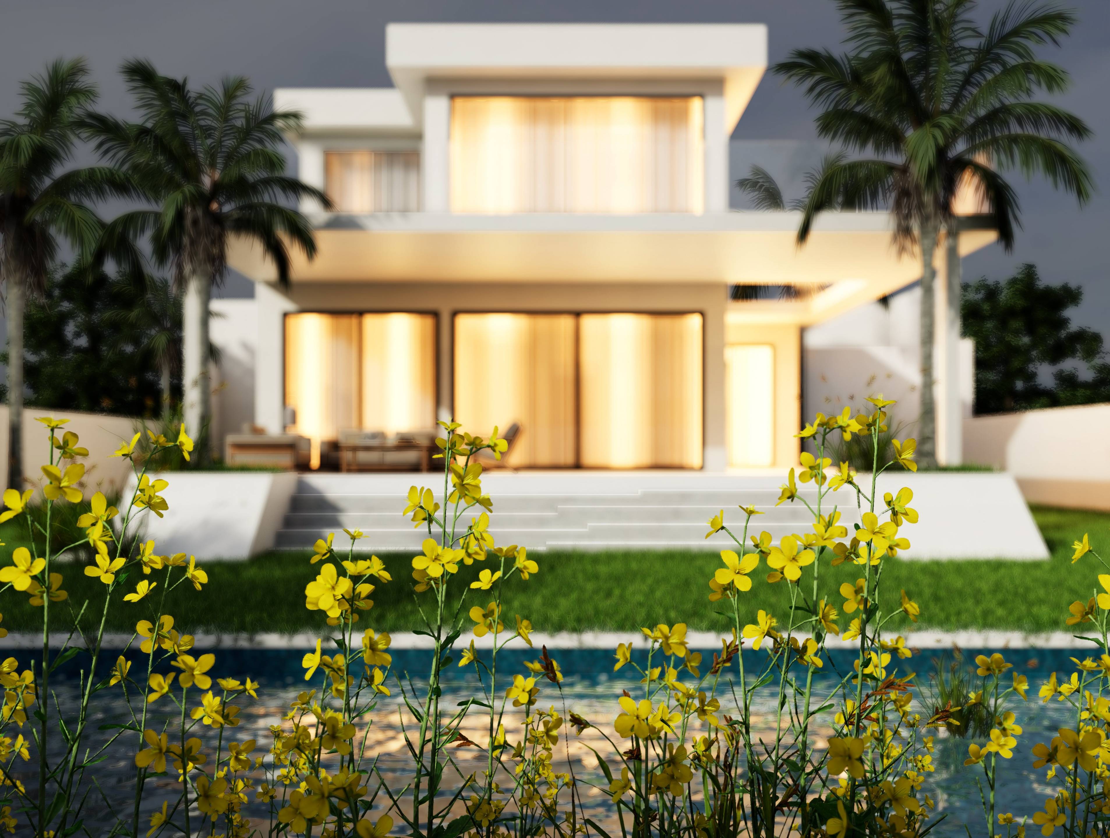 Exterior rear facade of new-build villa, Valle Romano