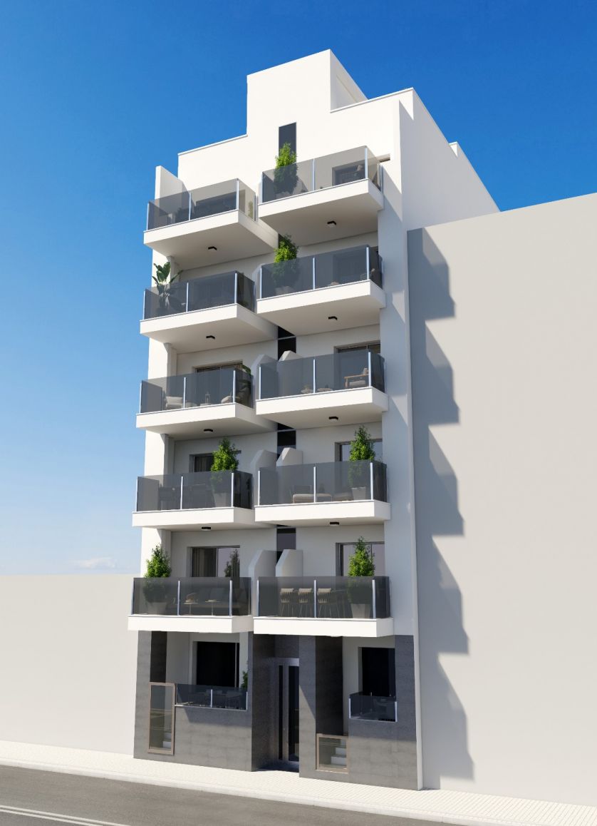 Exterior facade of new-build apartment building, Playa del Cura, Torrevieja