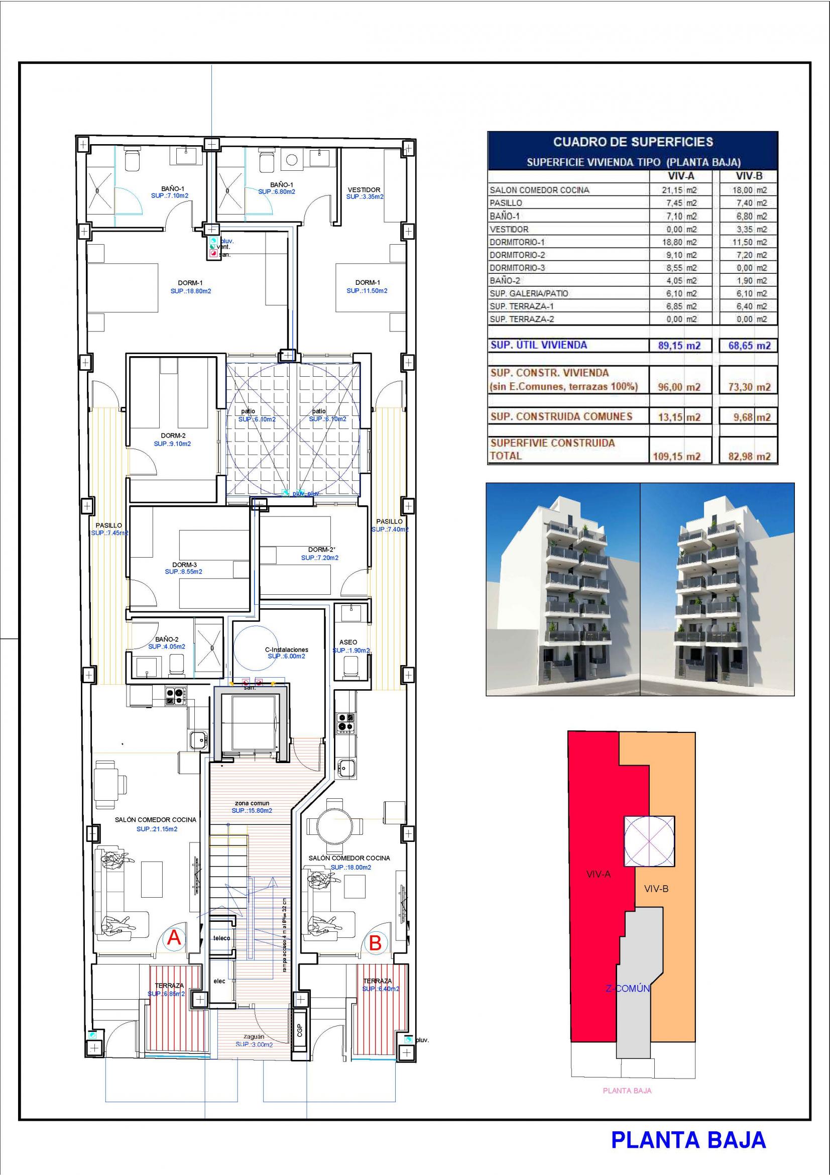 Floor plan of 3-bedroom apartment, Playa del Cura, Torrevieja - 109m2 layout