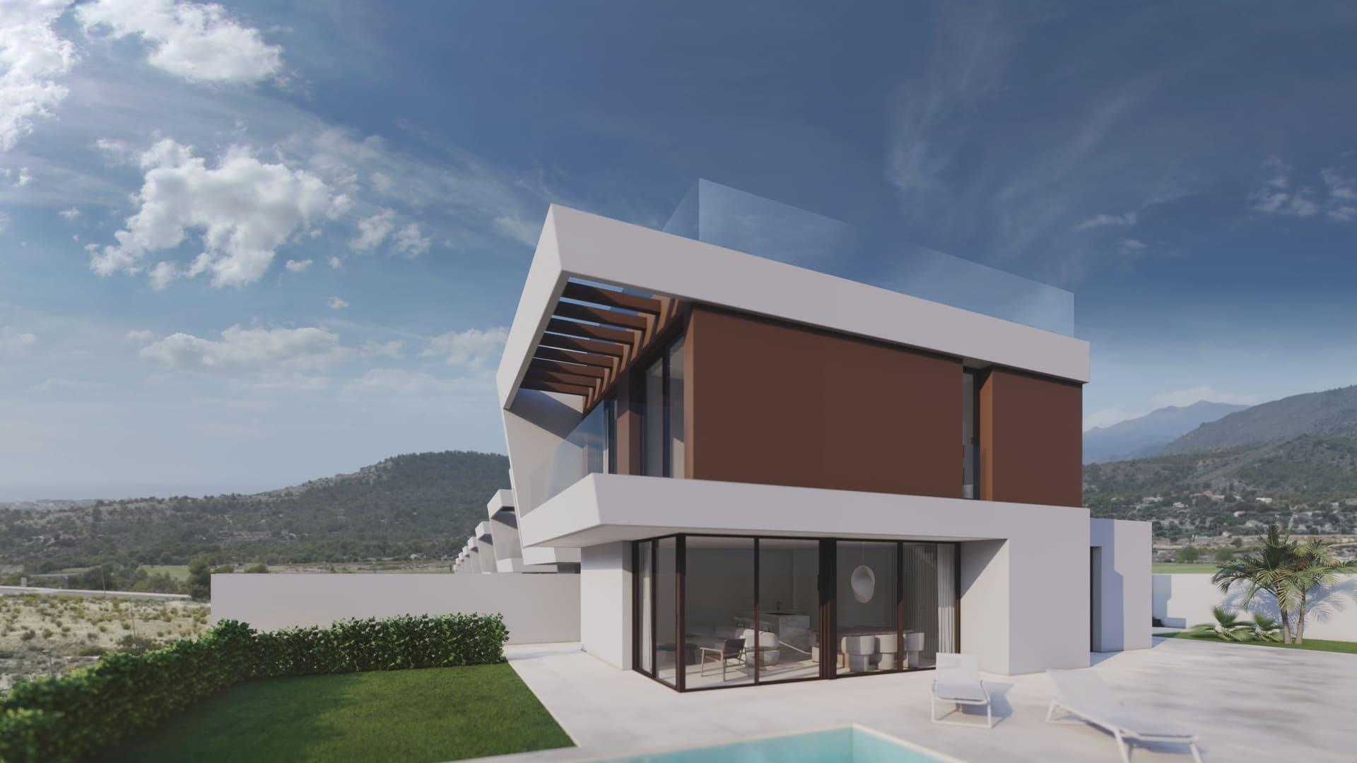 Street view of new-build villa development, Golf Puig Campana, Finestrat