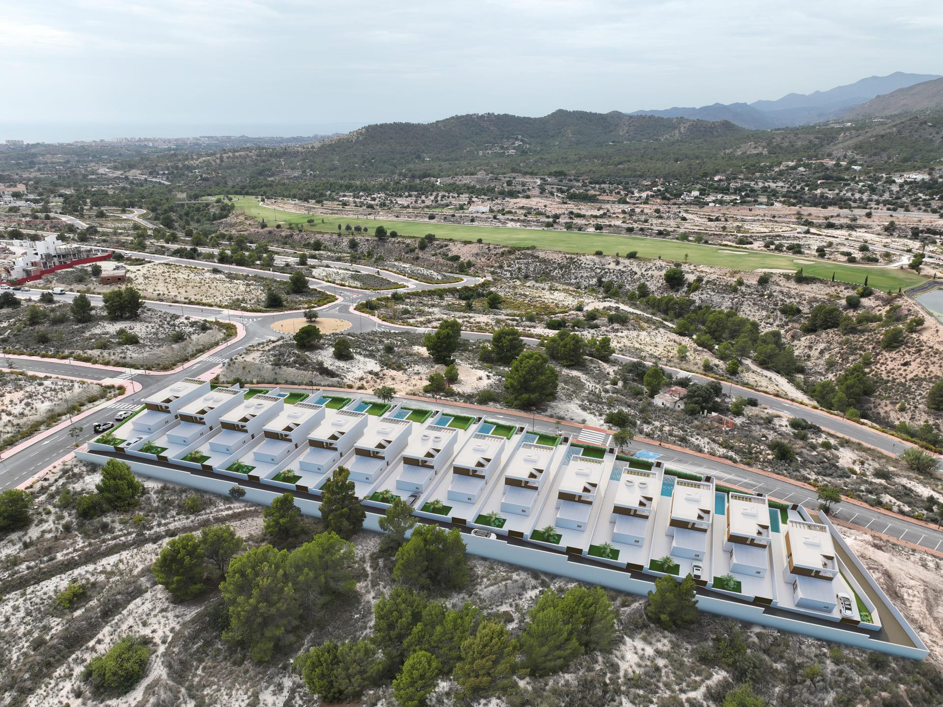 Side elevation of 3-bedroom new-build villa, Golf Puig Campana, Finestrat