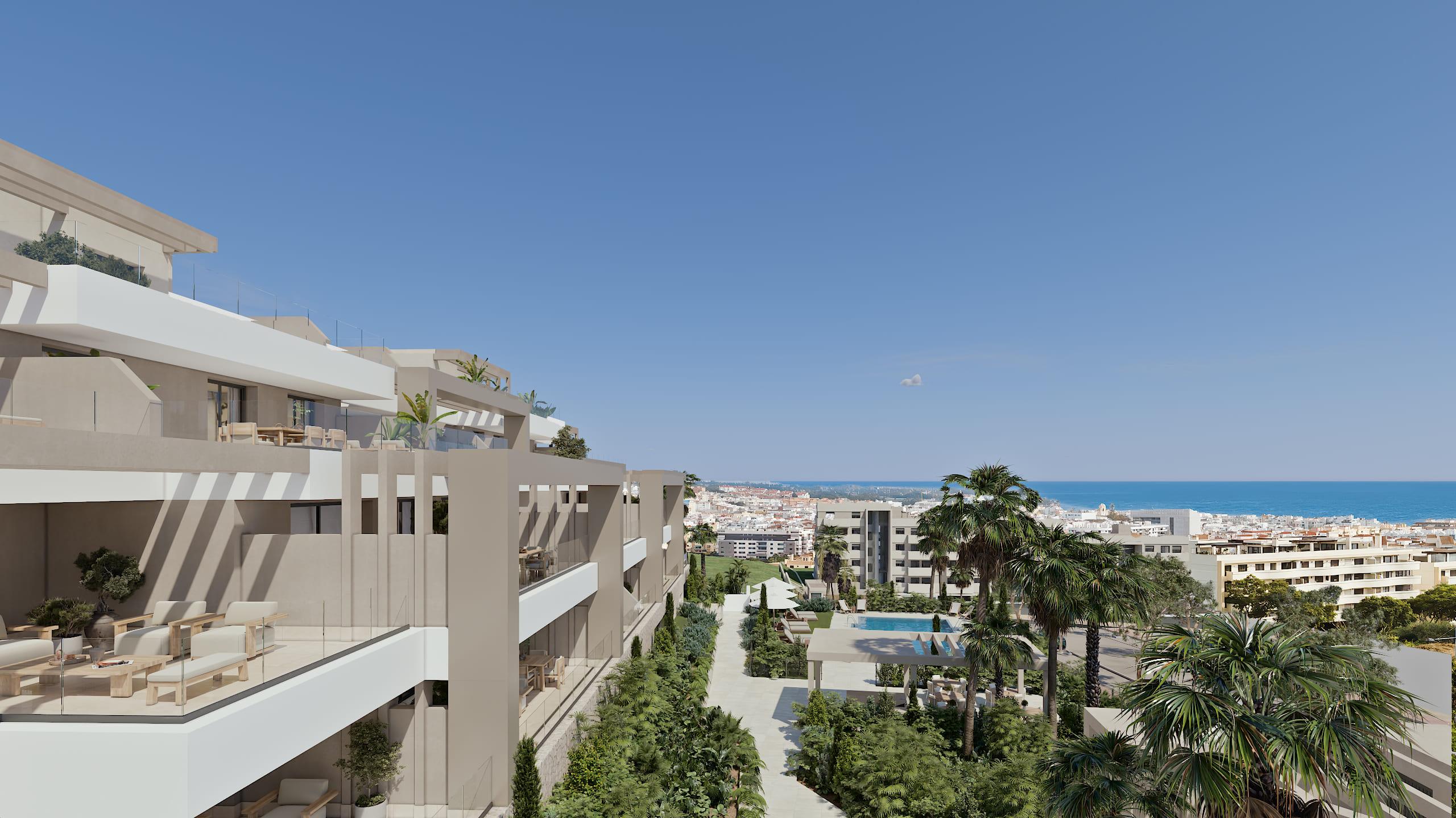 Aerial or elevated view of new-build development in Las Mesas, Estepona