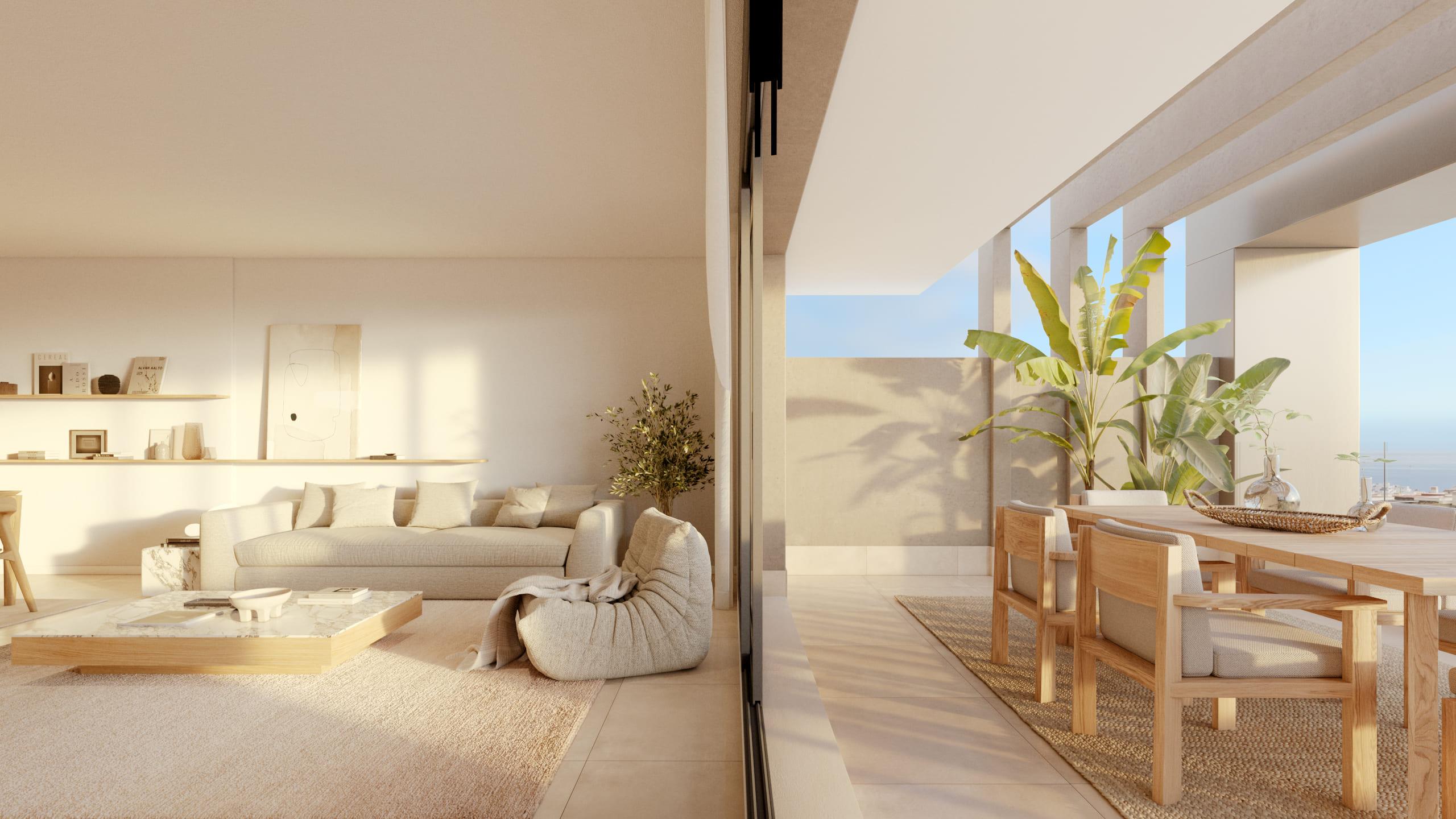 Open-plan living and dining area in 2-bedroom new-build apartment, Las Mesas, Estepona