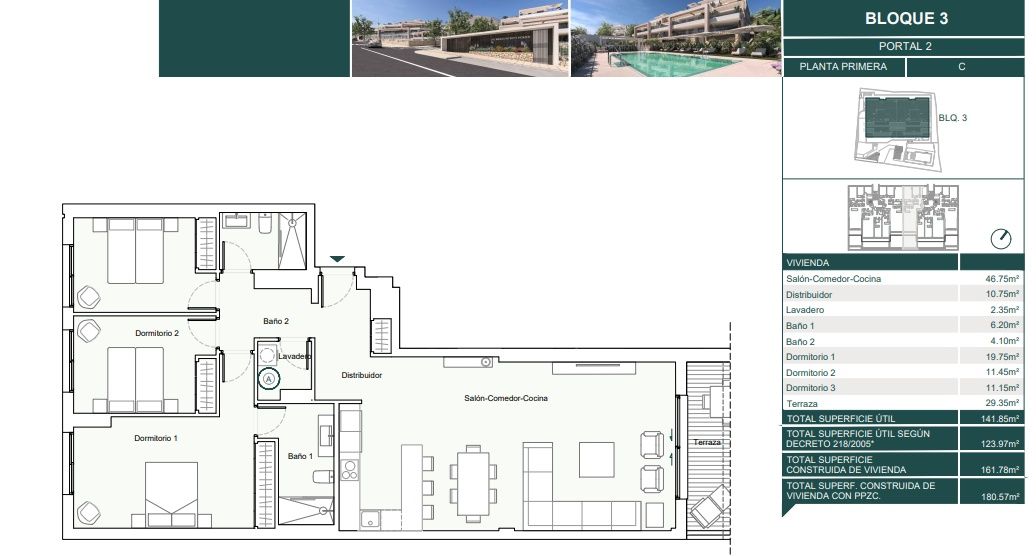 Floor plan of 3-bedroom apartment, Las Mesas, Estepona