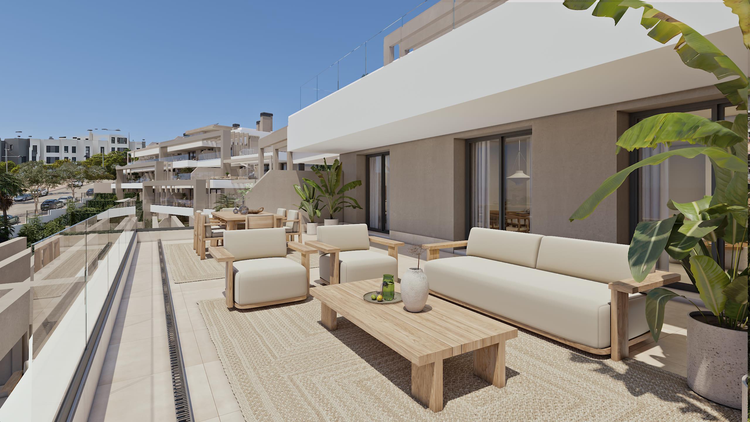 Exterior facade of new-build residential building, Las Mesas, Estepona