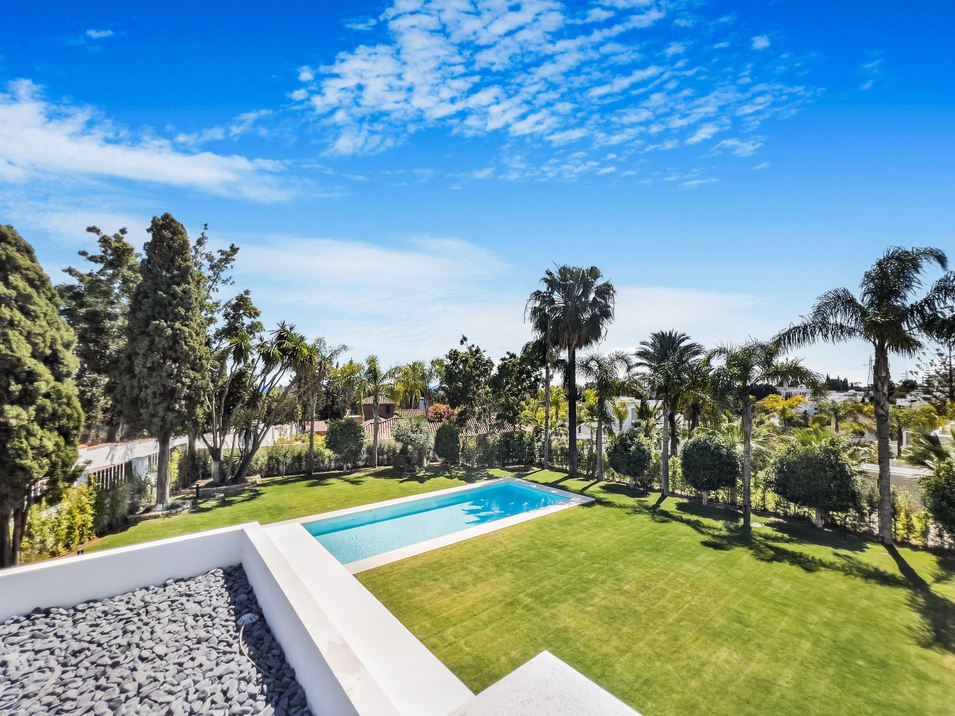 Pool at dusk, 6-bedroom villa, Las Lomas de Río Verde, Marbella