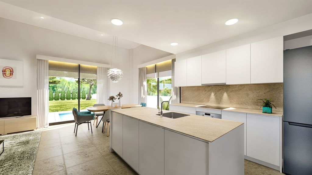 Open-plan living and dining area in 3-bedroom new-build villa, Finestrat Hills