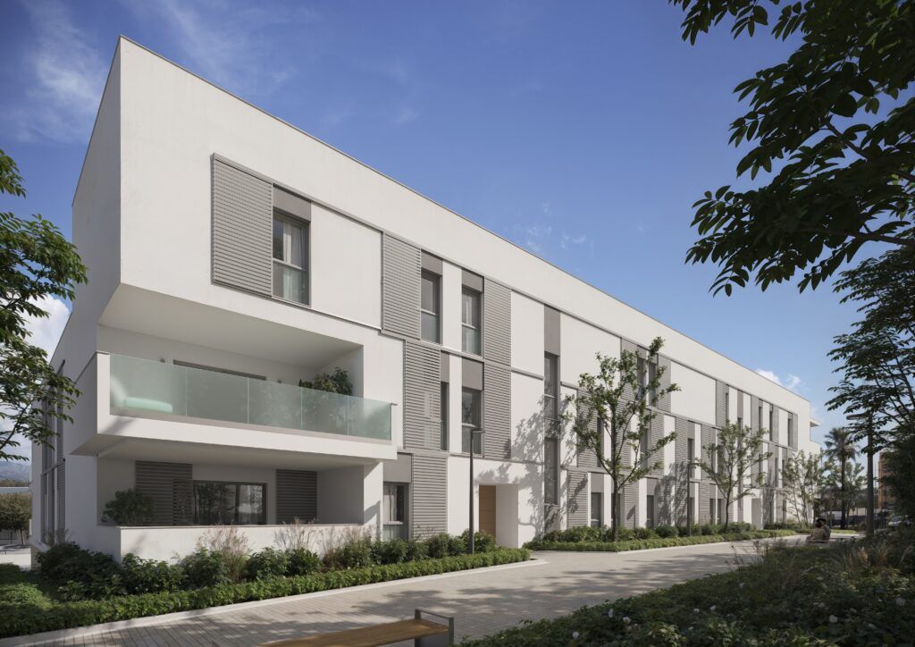 Communal pool area in new-build development, San Pedro Pueblo