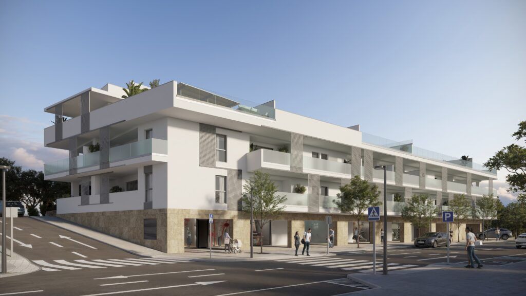 Communal pool area in new-build development, San Pedro Pueblo
