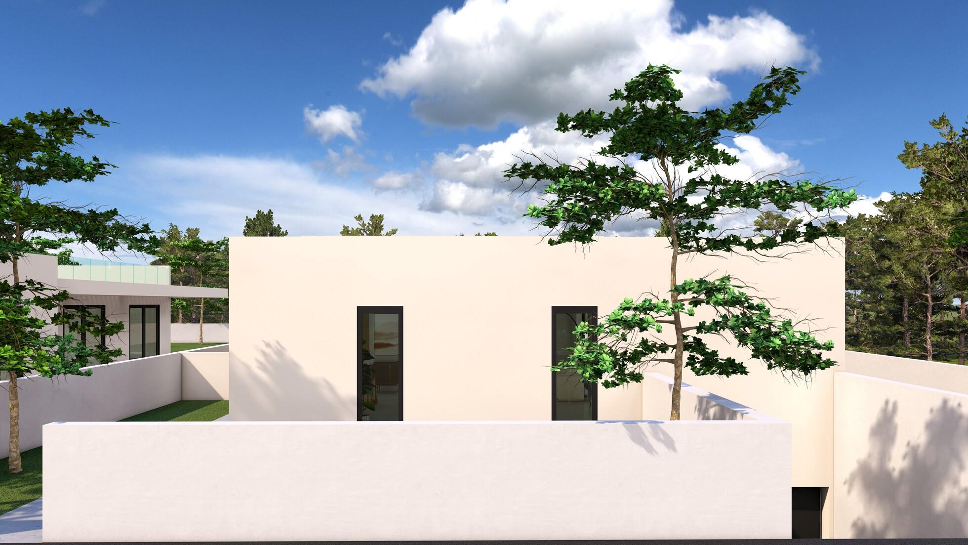 Exterior of new-build villa at dusk, Camporrosso Village, Finestrat