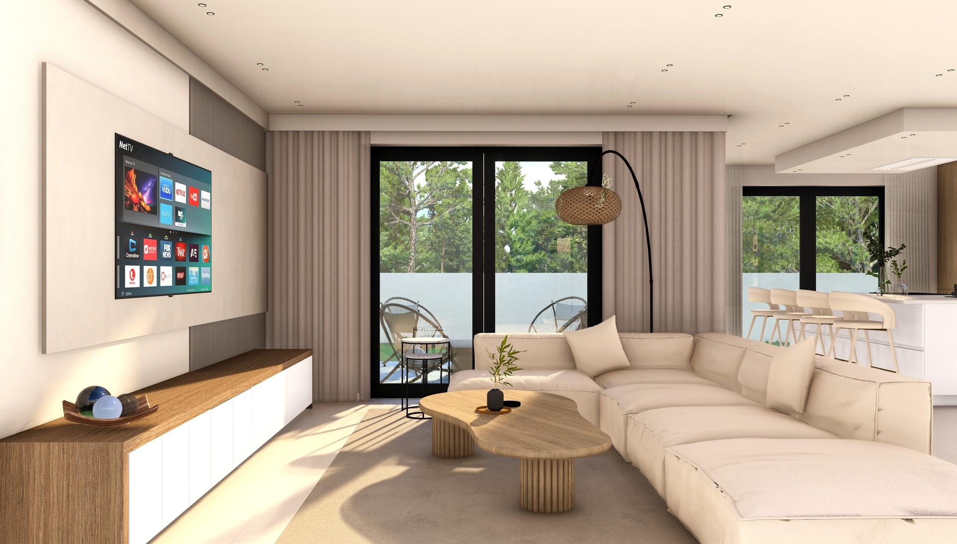 Living room interior with large windows in 3-bedroom villa, Finestrat