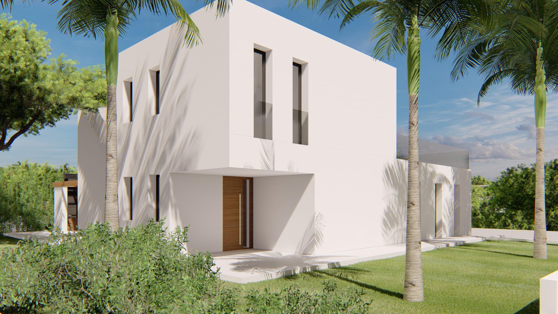 Front facade of 6-bedroom new-build villa in Sierra Cortina, Finestrat