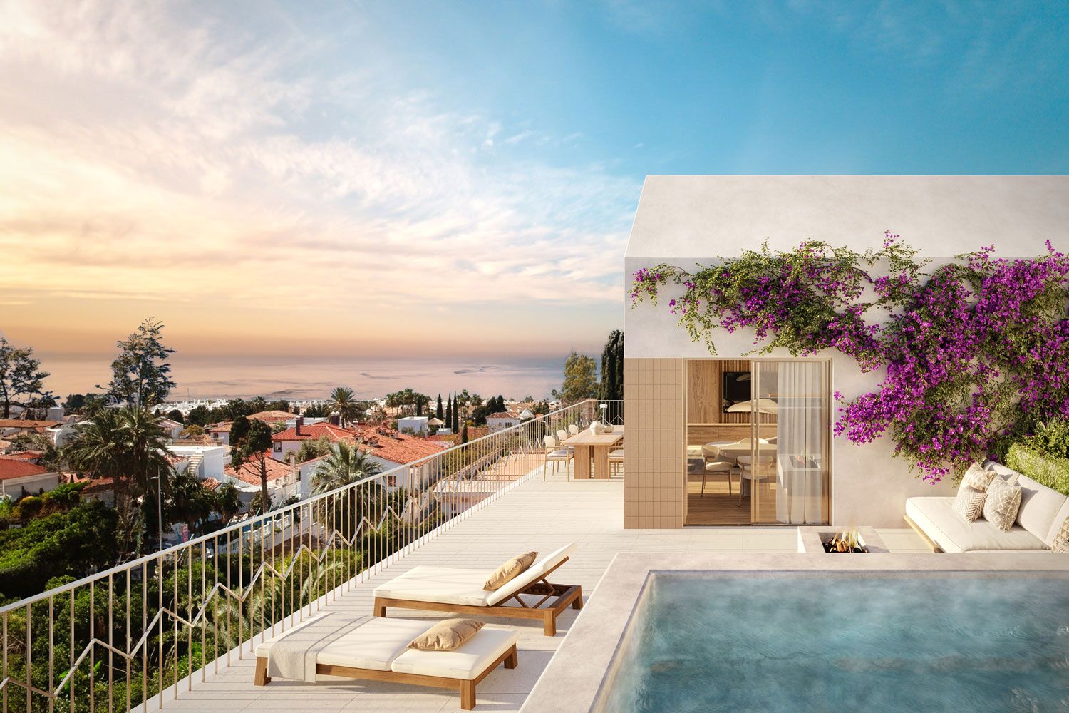 Communal pool area in new-build development, La Carihuela, Torremolinos