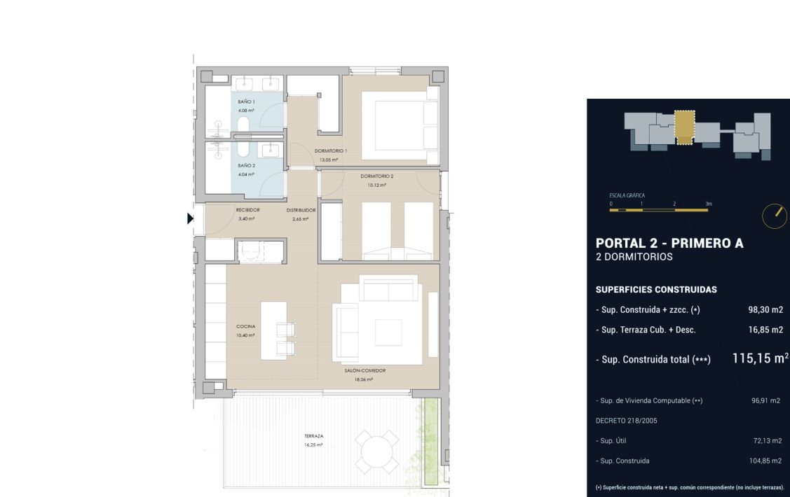 Floor plan of 111m2 first-floor apartment in La Carihuela, Torremolinos