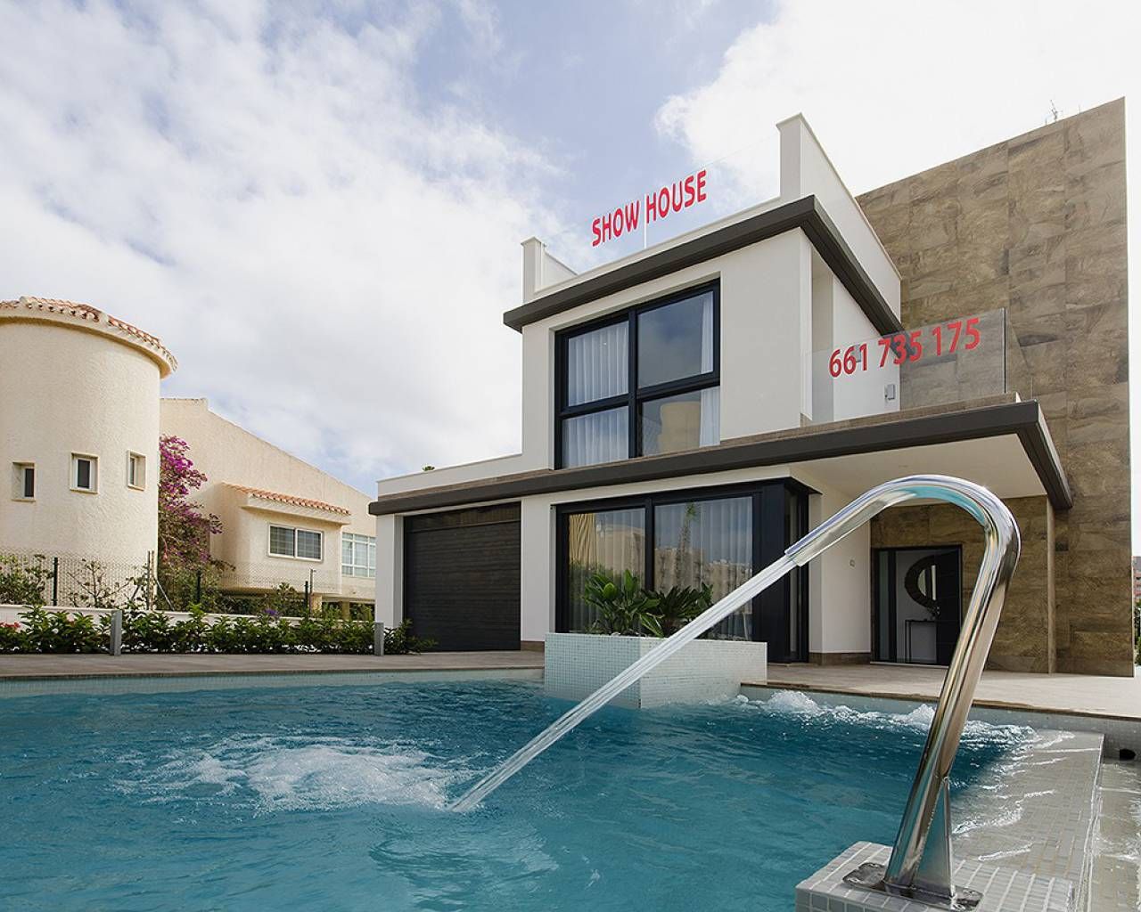 Render of new-build villa exterior at dusk, Campoamor