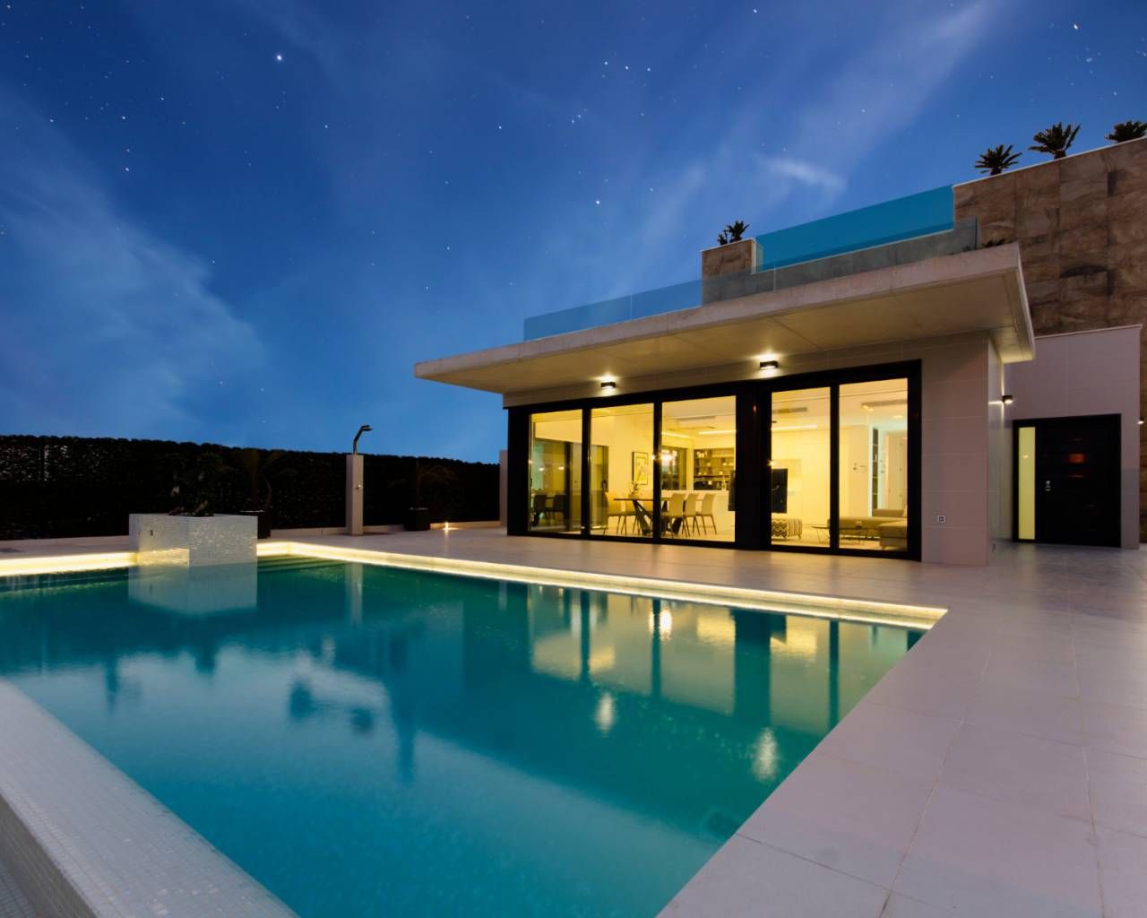 Interior render of open-plan living space, new-build villa, Campoamor