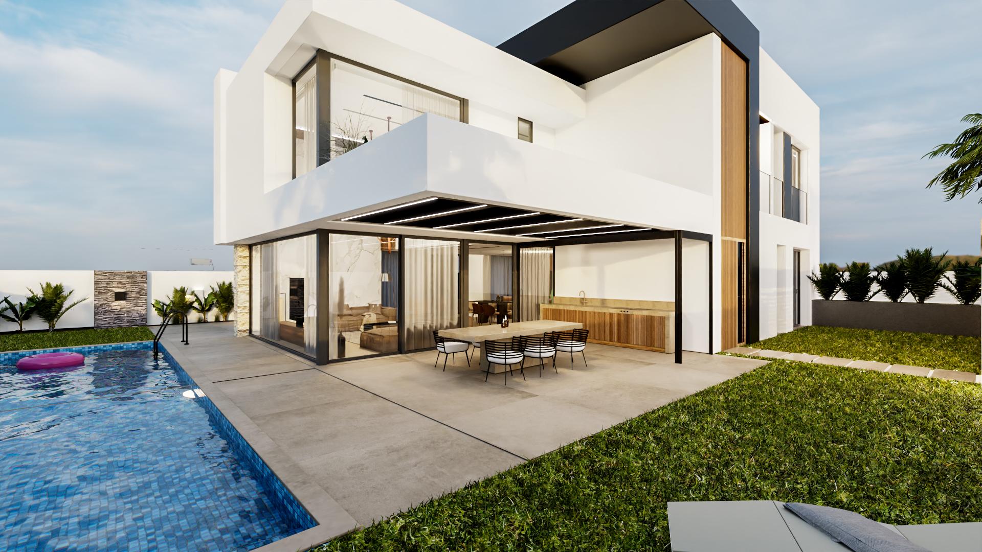 Exterior side elevation of 4-bedroom new-build villa, La Regia, Orihuela Costa