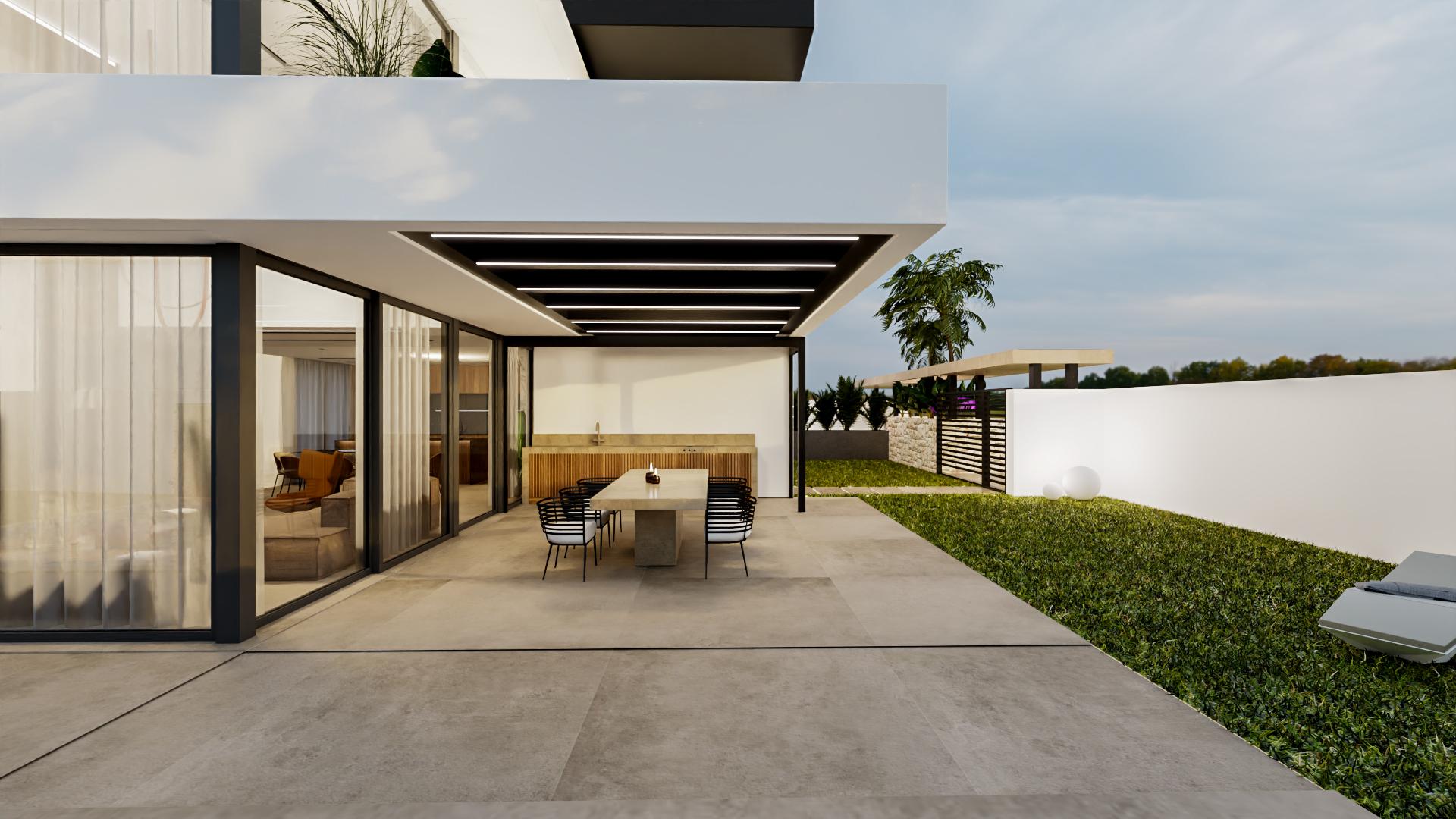 Rear facade of new-build villa showing outdoor area, La Regia, Orihuela Costa