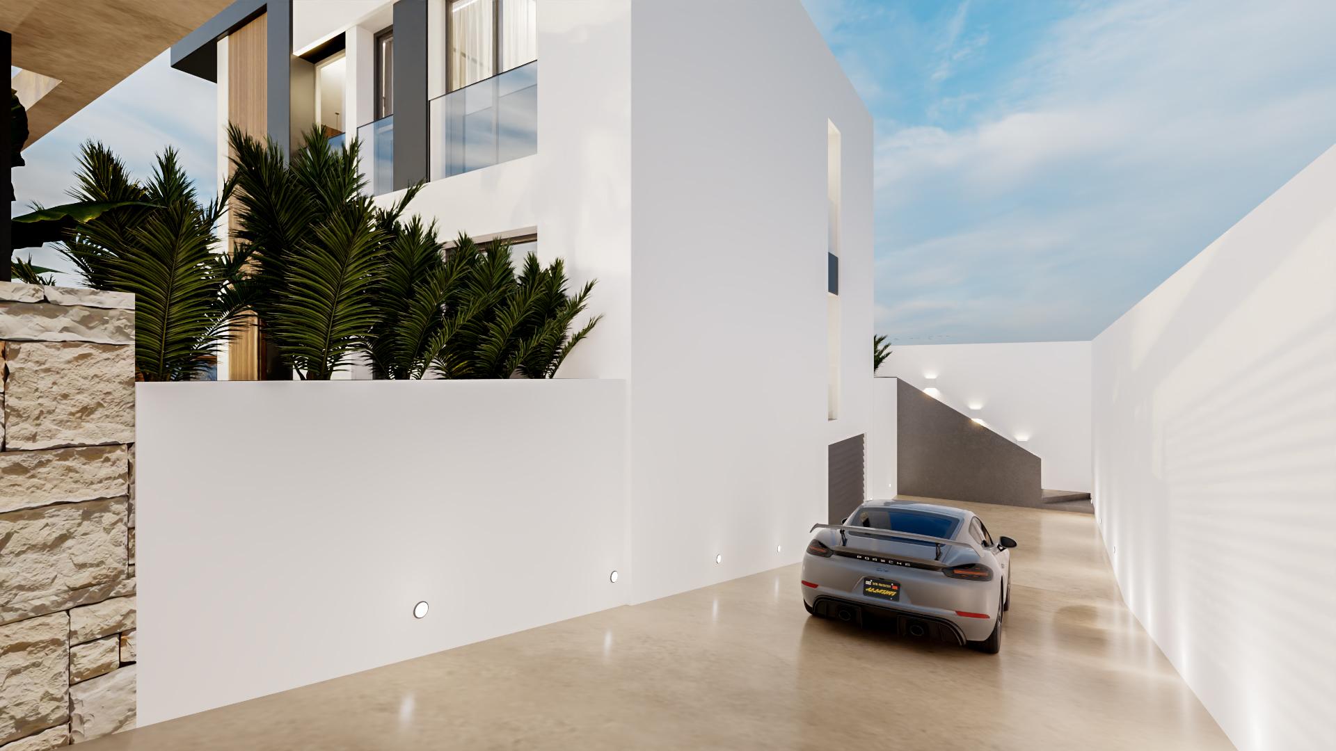 Exterior lighting and entrance of new-build villa, La Regia, Orihuela Costa