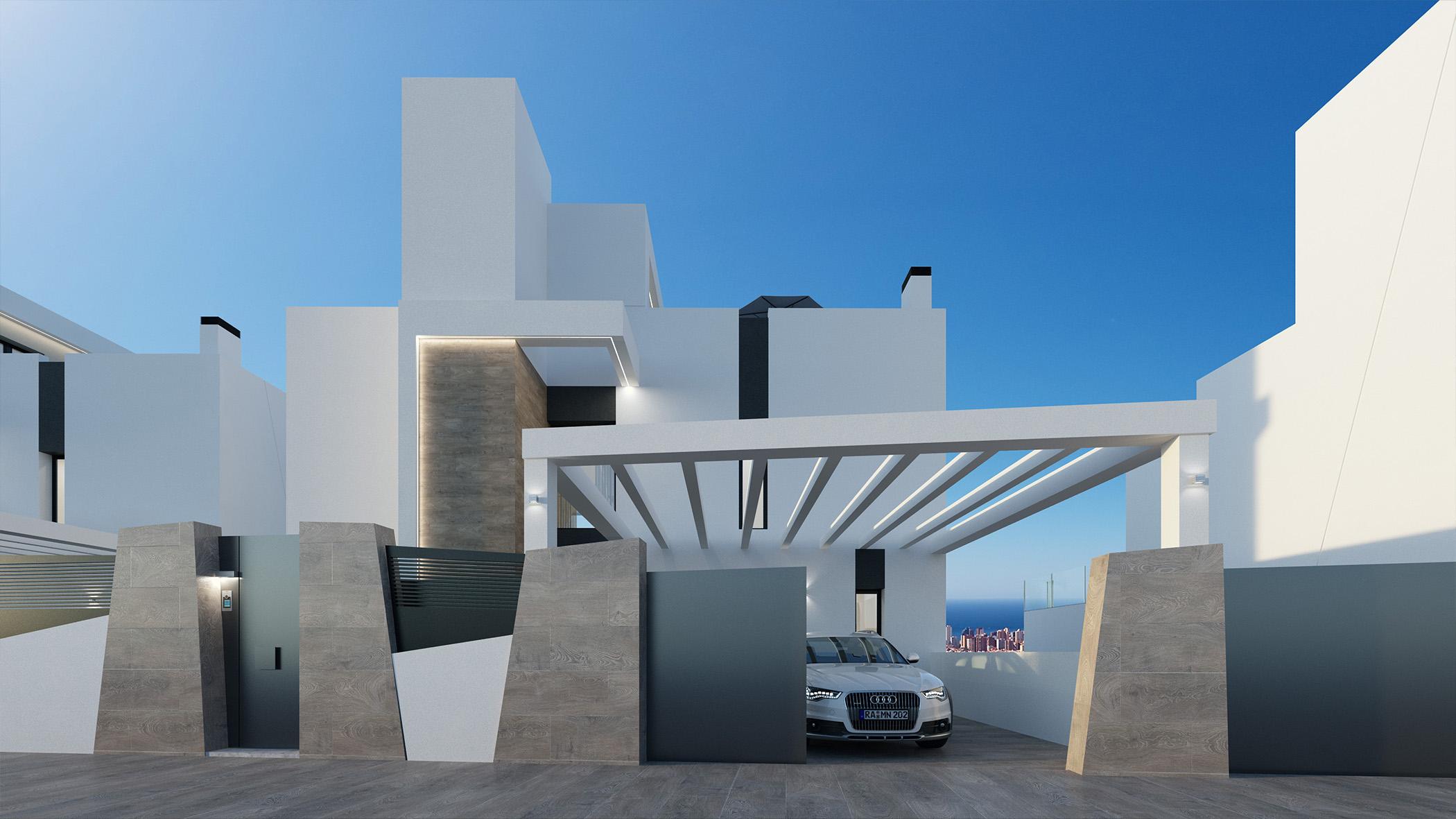 Interior render of kitchen in 4-bedroom villa, Camporrosso Village, Finestrat