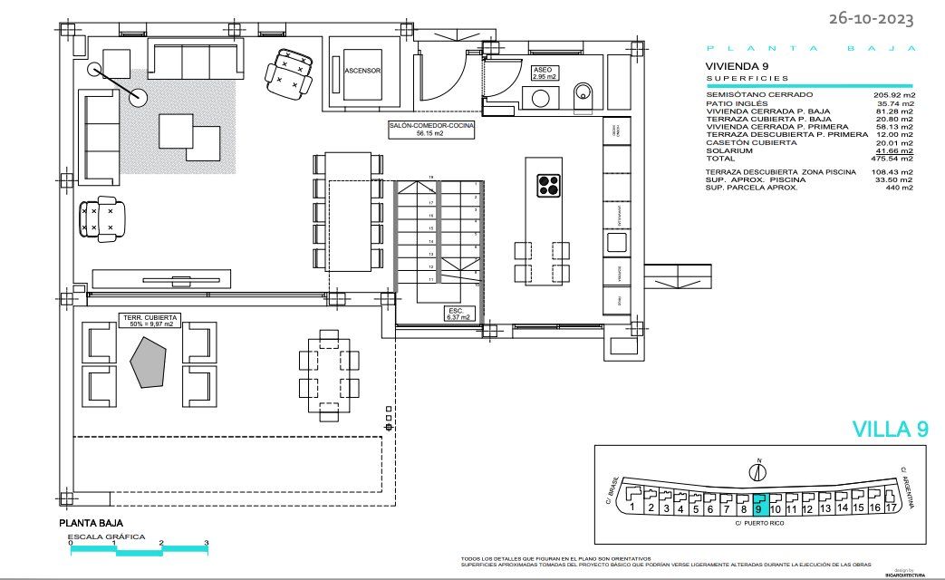 Floor plan - ground floor of 4-bedroom villa in Camporrosso Village, Finestrat