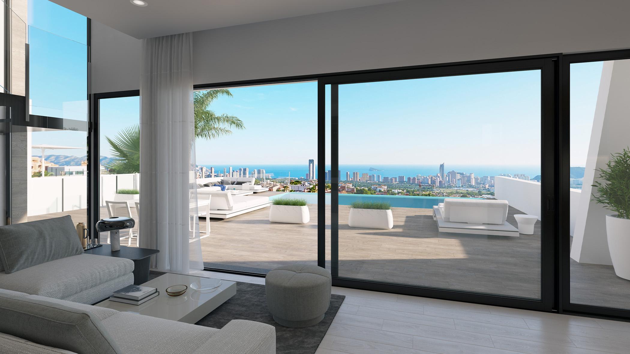 Front elevation of 4-bedroom new-build villa in Camporrosso Village, Finestrat