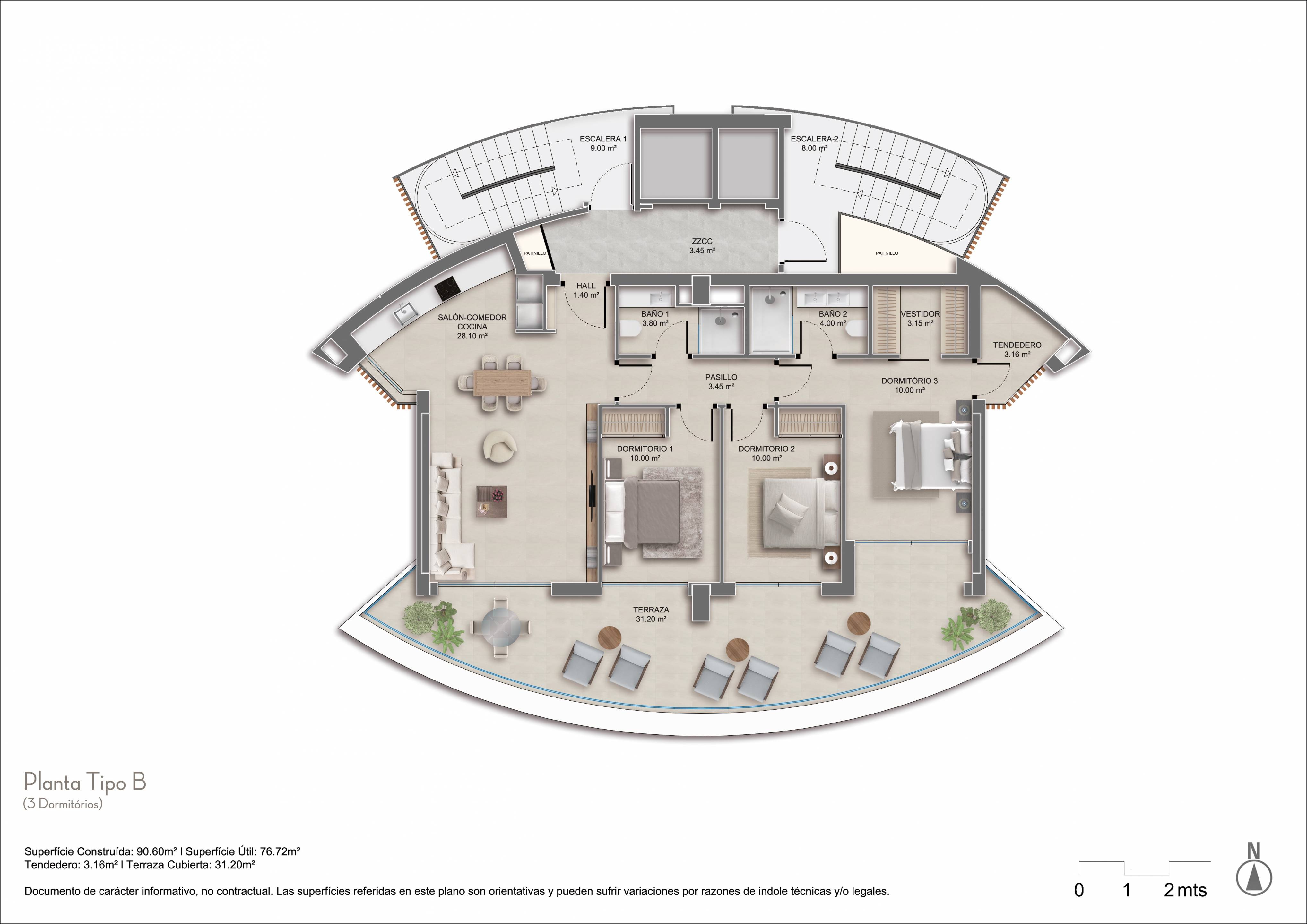 Floor plan of 3-bedroom apartment in Ifach, Calpe
