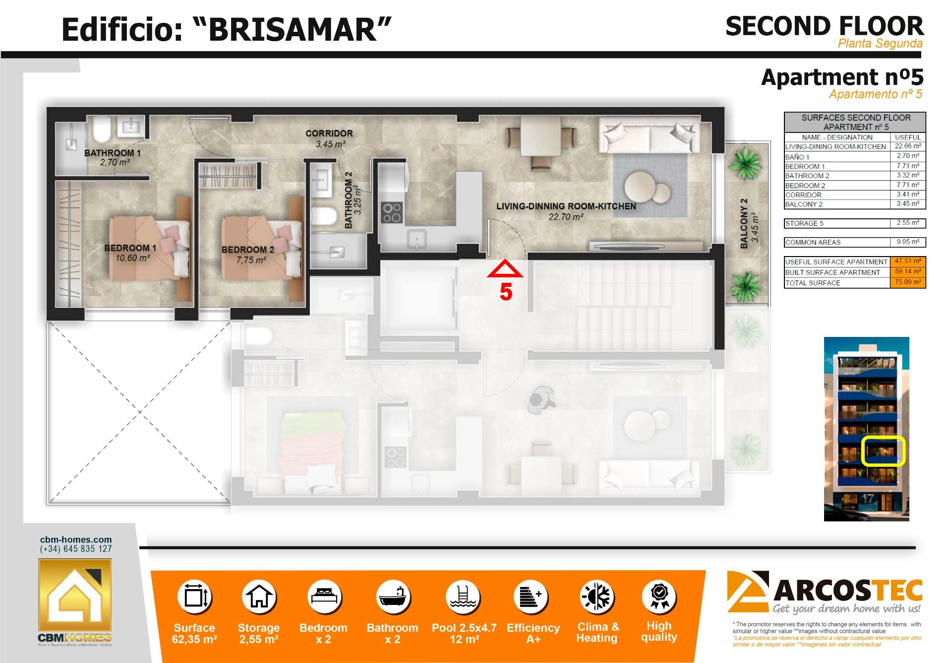 Floor plan showing layout of 2-bedroom apartment at Brisamar, Acequion