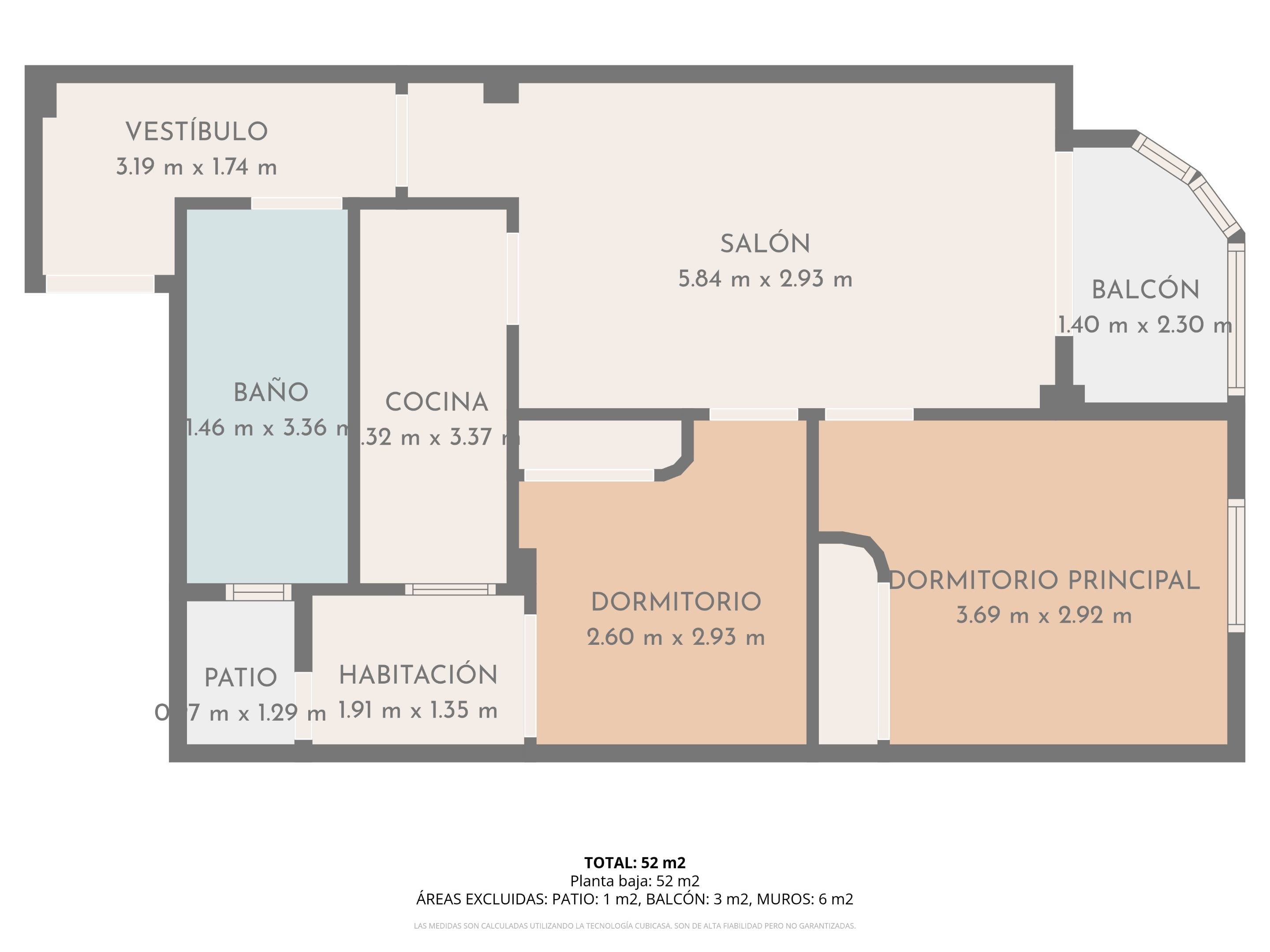 Floor plan of the 2-bedroom apartment in Playa del Cura